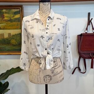 Vintage Italian Sketch Print Button-Up Blouse